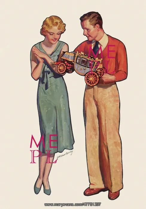 : Young Man shows Girl a Model Stagecoach : Young Man shows Girl a Model Stagecoach