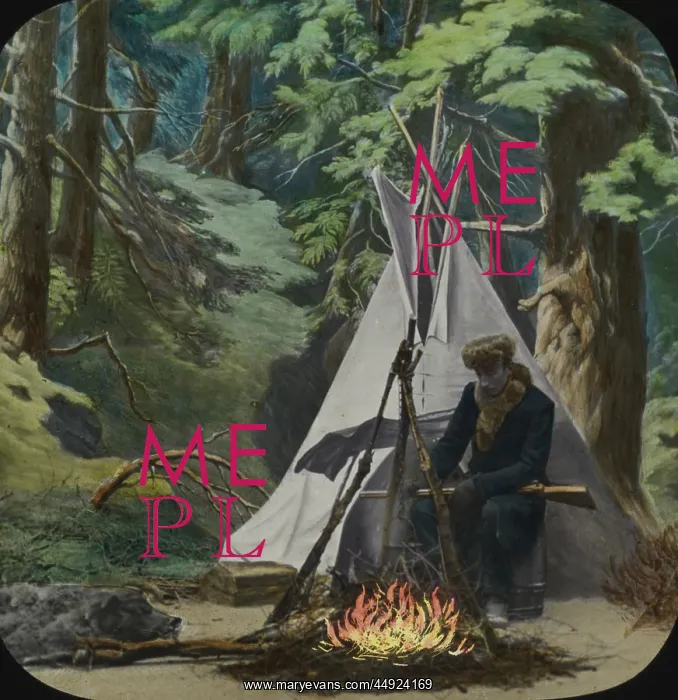 : Young man sits by fire outside his teepee in the woods : Young man sits by fire outside his teepee in the woods
