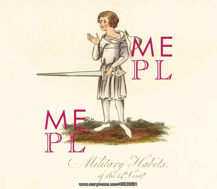 : Young man in tunic and hose with sword, 14th century : Young man in tunic and hose with sword, 14th century