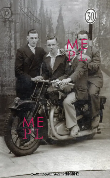 : Young men on 1920s Coventry Eagle motorcycle : Young men on 1920s Coventry Eagle motorcycle
