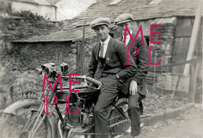 : Two young men on a 1921 Sunbeam motorcycle : Two young men on a 1921 Sunbeam motorcycle