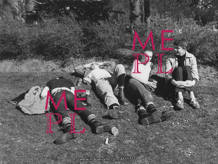 : Four young men relaxing on the grass : Four young men relaxing on the grass