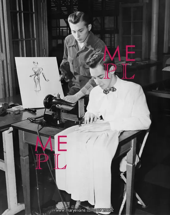 : Young men using sewing machine : Young men using sewing machine