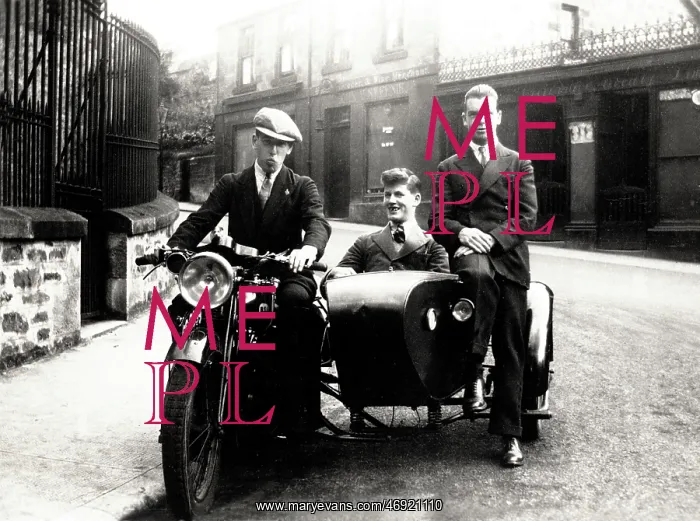 : Three young men on veteran BSA motorcycle : Three young men on veteran BSA motorcycle