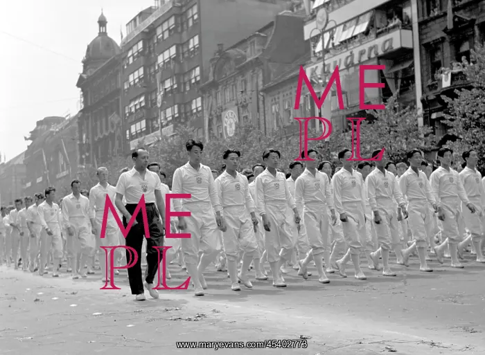 : Young men walking on Wencesls Square during Spartakiada : Young men walking on Wencesls Square during Spartakiada