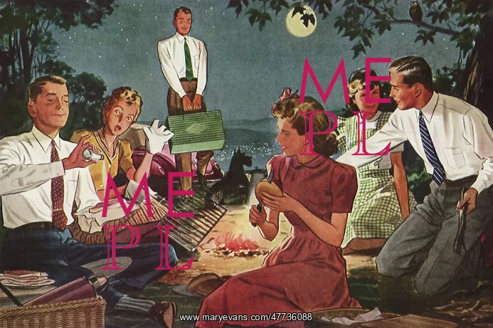 : Young Men and Women at a Campsite : Young Men and Women at a Campsite