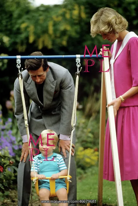 : A young Prince William on a swing next to his parents : A young Prince William on a swing next to his parents