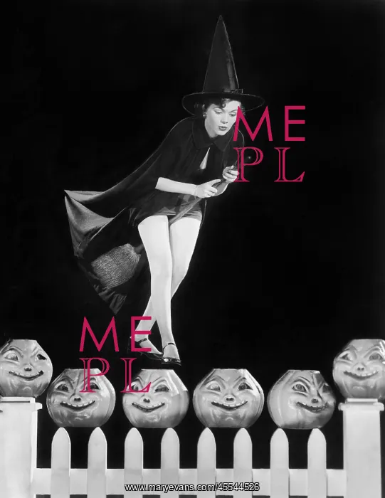 : Young witch hovers on her broom, eyeing which pumpkin : Young witch hovers on her broom, eyeing which pumpkin