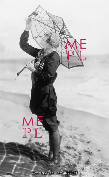 : Young woman on the beach with an umbrella looking : Young woman on the beach with an umbrella looking