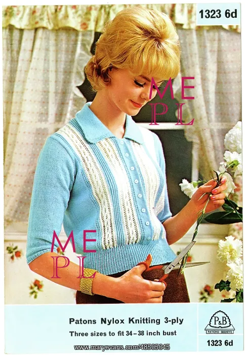  : Young woman in a blue and white knitted top