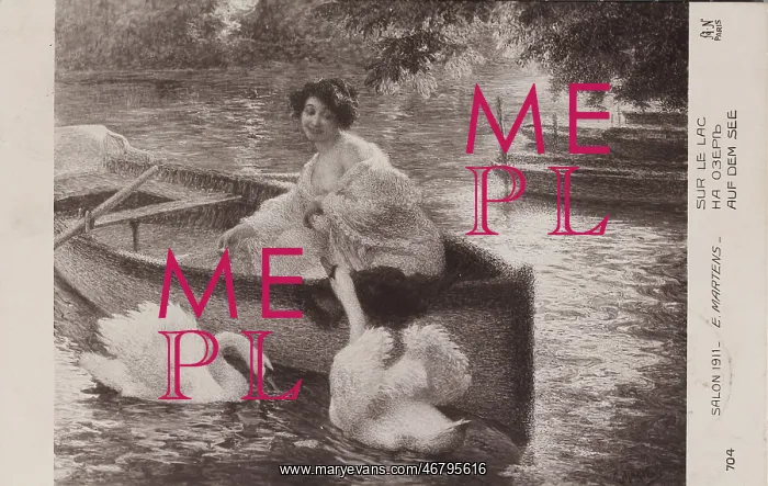 : Young woman in a boat with two swans : Young woman in a boat with two swans