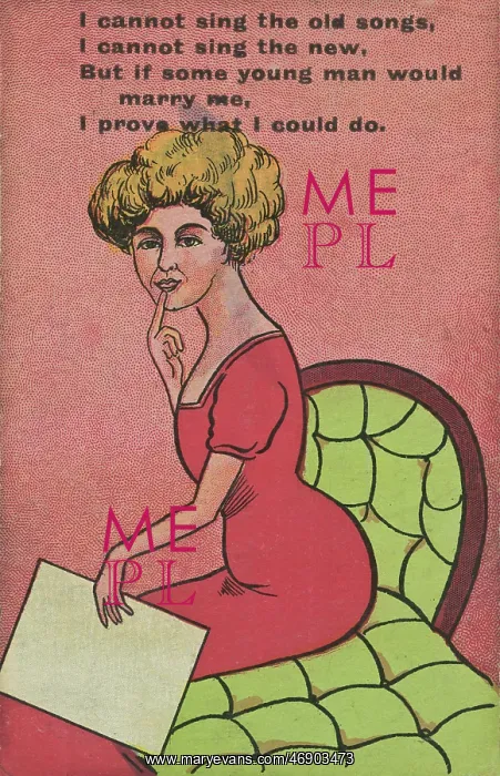 : Young woman on a comic postcard : Young woman on a comic postcard