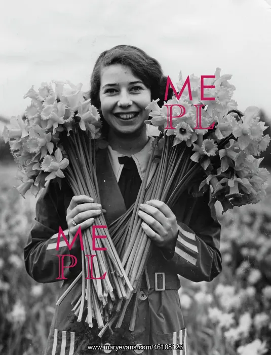 : A young woman with daffodils in Dorsetshire : A young woman with daffodils in Dorsetshire
