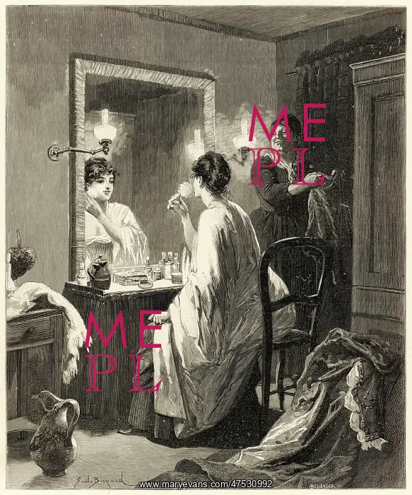 : A young woman at her dressing table : A young woman at her dressing table