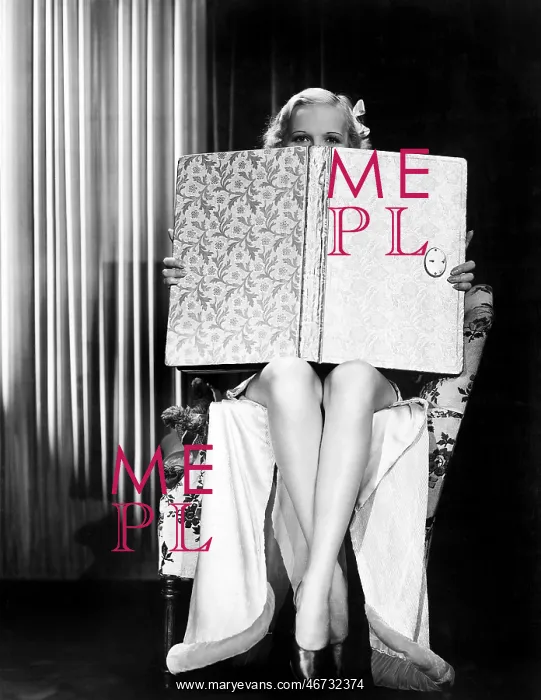  : Young woman looking over top of an oversized book
