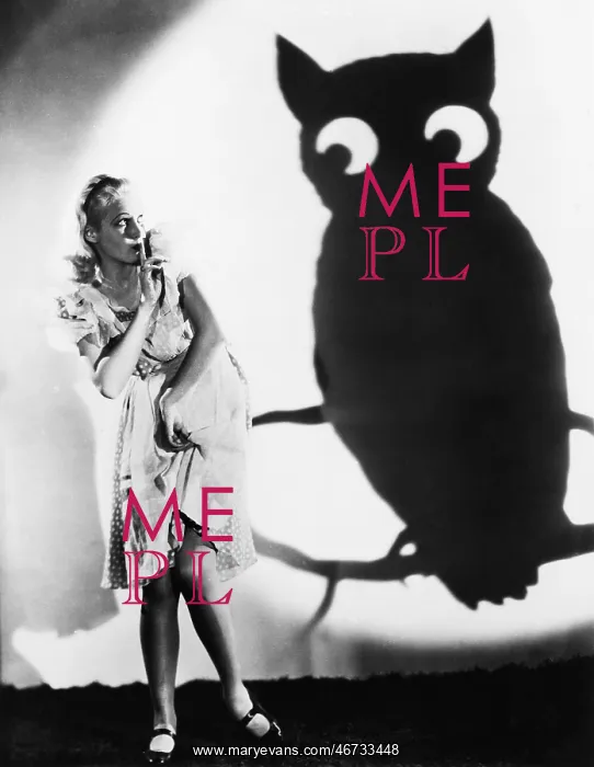 : Young woman looking at a shadow of an owl with her : Young woman looking at a shadow of an owl with her