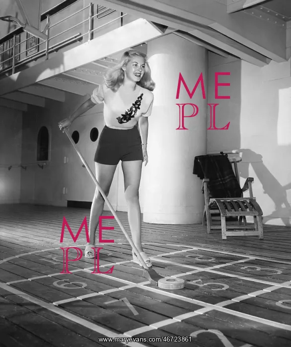 : Young woman playing shuffleboard : Young woman playing shuffleboard