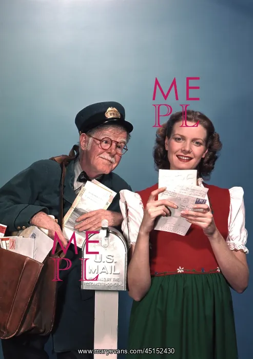 : Young woman posed with mailman at mailbox getting mail : Young woman posed with mailman at mailbox getting mail