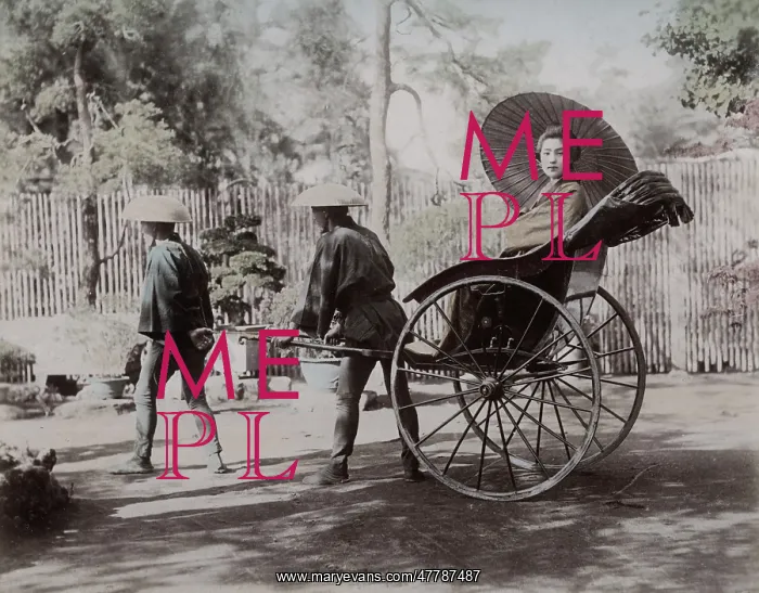 : Young woman being pulled in a rickshaw, Japan : Young woman being pulled in a rickshaw, Japan