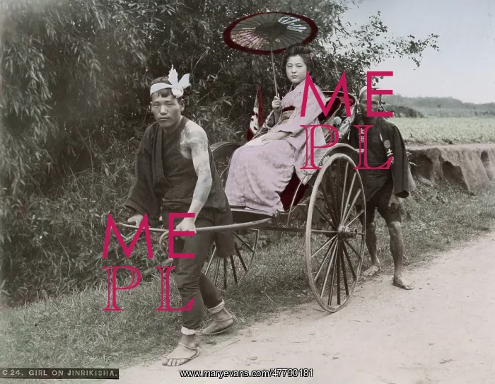 : Young woman being pulled in a rickshaw jinrikisha : Young woman being pulled in a rickshaw jinrikisha