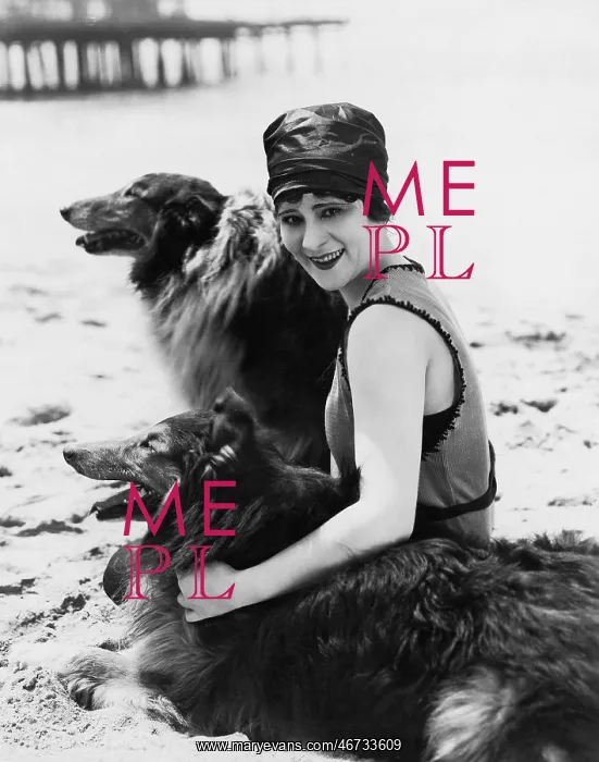  : Young woman sitting with her Collies on the beach