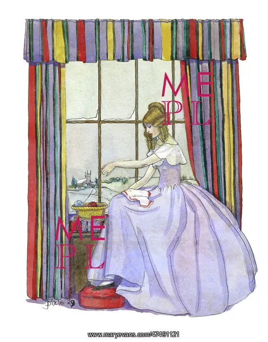 : Young woman sitting by a window sewing : Young woman sitting by a window sewing