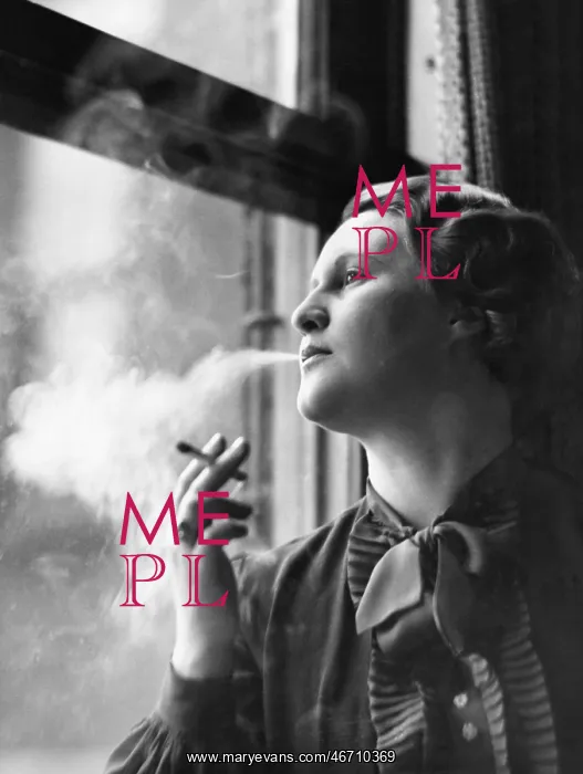  : Young woman sitting next to window, smoking