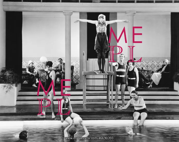 : Young woman standing on a diving board surrounded : Young woman standing on a diving board surrounded