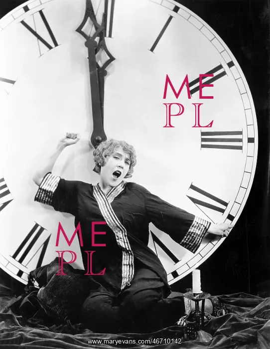 : A young woman stretching in front of a giant clock : A young woman stretching in front of a giant clock