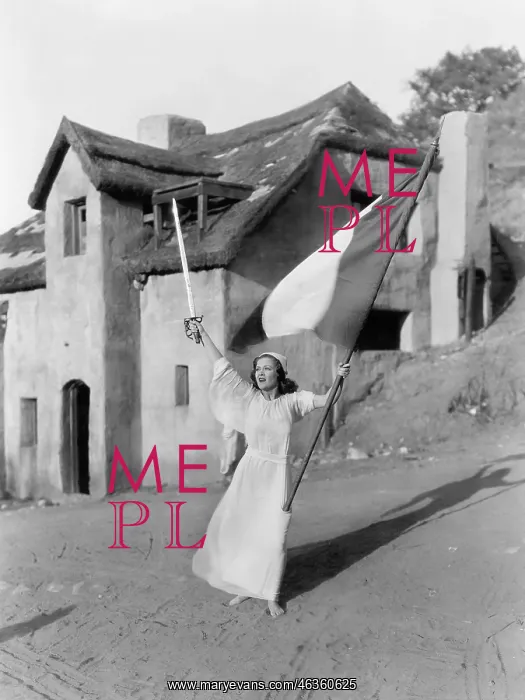 : Young woman walking with a flag and a sword : Young woman walking with a flag and a sword