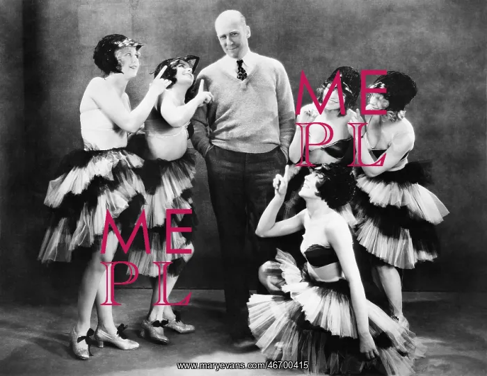 : Five young women dancing around a man : Five young women dancing around a man
