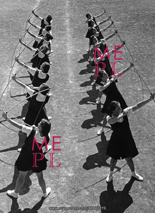 : Young women practicing archery in Italy, 1930's : Young women practicing archery in Italy, 1930's