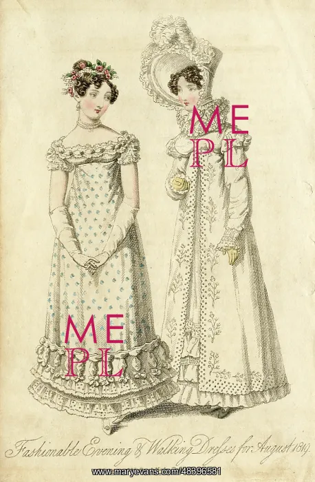 : Two young women in Regency style costume : Two young women in Regency style costume