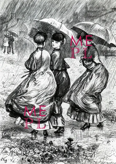 : Young women using umbrellas. Illustration by Gordon : Young women using umbrellas. Illustration by Gordon