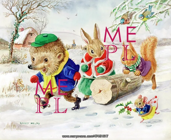  : The Yule Log with hedgehog, rabbit, squirrel and mouse