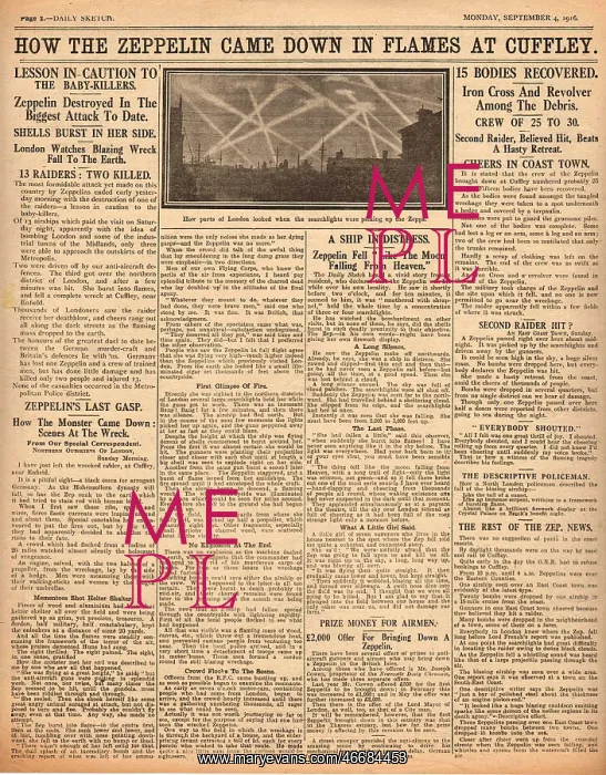 : Zeppelin shot down over Cuffley, WW1 : Zeppelin shot down over Cuffley, WW1