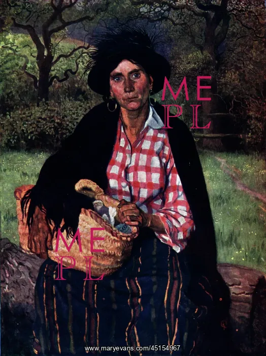 : Zillah. Painting of a seated woman wearing a black shawl, carrying a baskey of washing : Zillah. Painting of a seated woman wearing a black shawl, carrying a baskey of washing