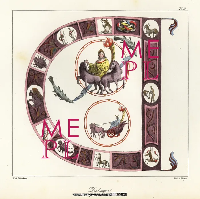 : Zodiac within an illuminated initial D from the : Zodiac within an illuminated initial D from the