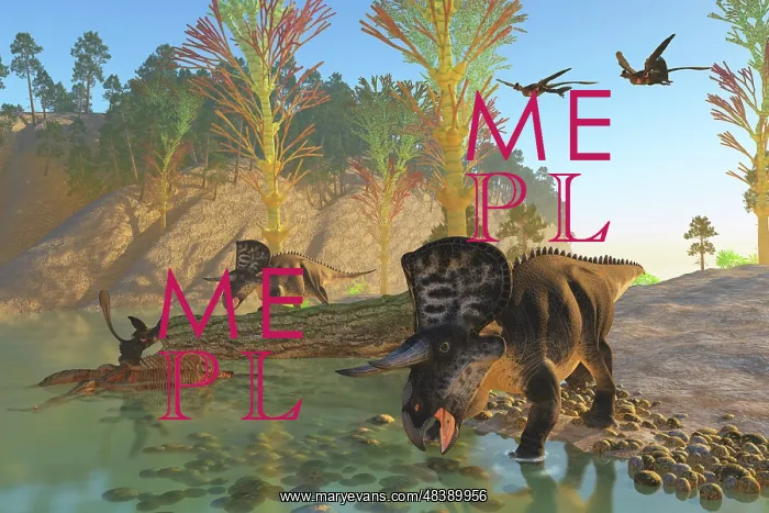 : Zuniceratops dinosaurs drinking water from a river : Zuniceratops dinosaurs drinking water from a river