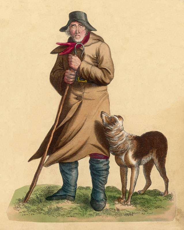 An old shepherd looking thoroughly dejected as he stands in the cold with his sheepdog Date: mid 19th century