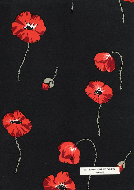 Fabric design for a satin crepe poppy flowered print in red, grey and black on a black background, Art Gout Beaute, 1929. Date: 1929