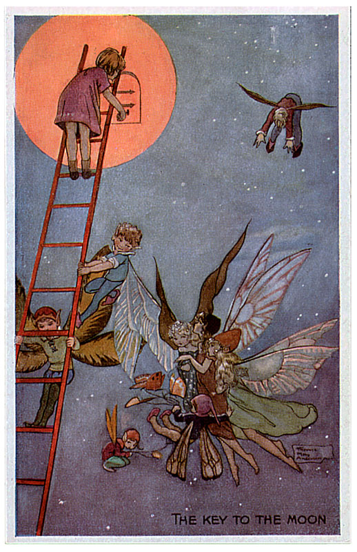 Enchanting illustration showing a small child climbing a ladder to unlock a small door n the moon while a group of fairies and elves hover around in the starlit sky. Date: c.1920