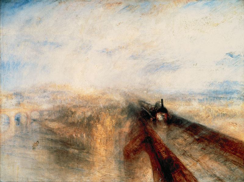 J M W Turner (1775-1851). British Romantic landscape painter. His work is regarded as a Romantic preface to Impressionism. Rain, Steam and Speed The Great Western Railway (1844). National Gallery, London.
1844