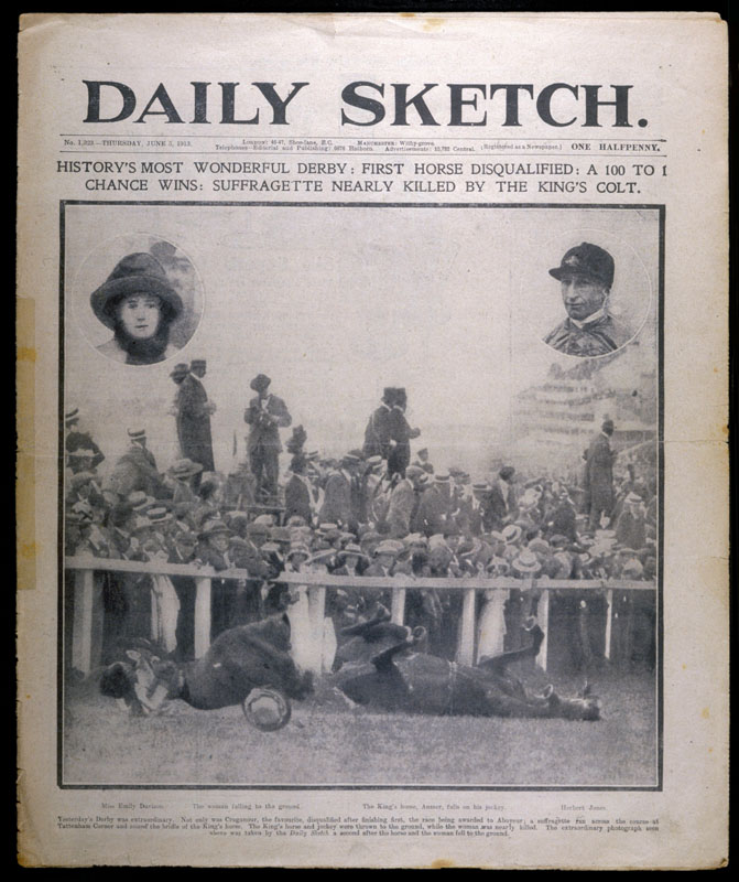 Headline showing the collision between Emily Davison and the King's Horse at the Epsom Derby. Date: June 5th 1913