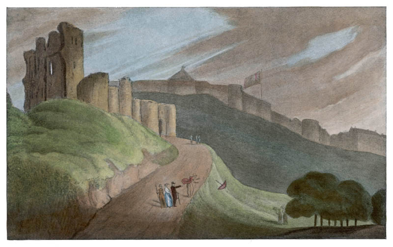 Scarborough, Yorkshire: a lady's parasol is blown away by the wind after a visit to the ruined castle Date: 1813