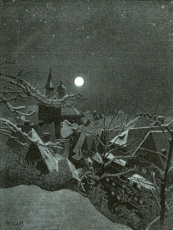 Winter scene over the rooftops of a snow covered village with full moon
1898