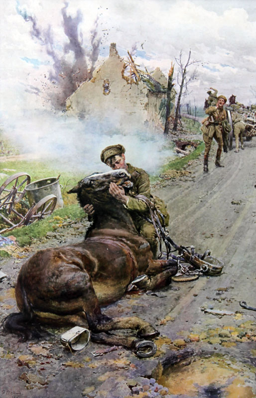 Colour print of the famous picture by Fortunino Matania showing a gunner saying farewell to his dying horse. The original was painted for the Blue Cross Fund to raise money for the charity during the First World War. Date: 1916