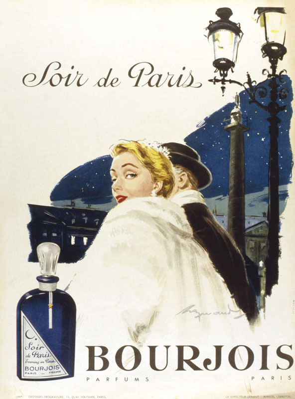 Advertisement for Bourjois Soir de Paris perfume, showing a man and woman in evening dress, out on the town. Date: 20th century