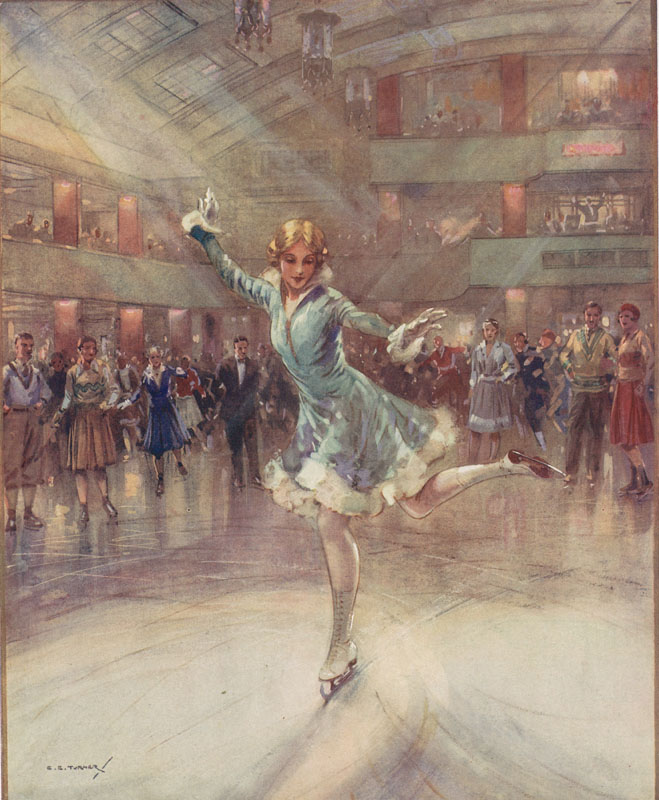 Colour illustration by C.E. Turner depicting the scene inside an ice rink in the 1930s. Date: 11th November 1931