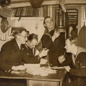 A. P. Herbert on a riverboat plotting a route with the crew
